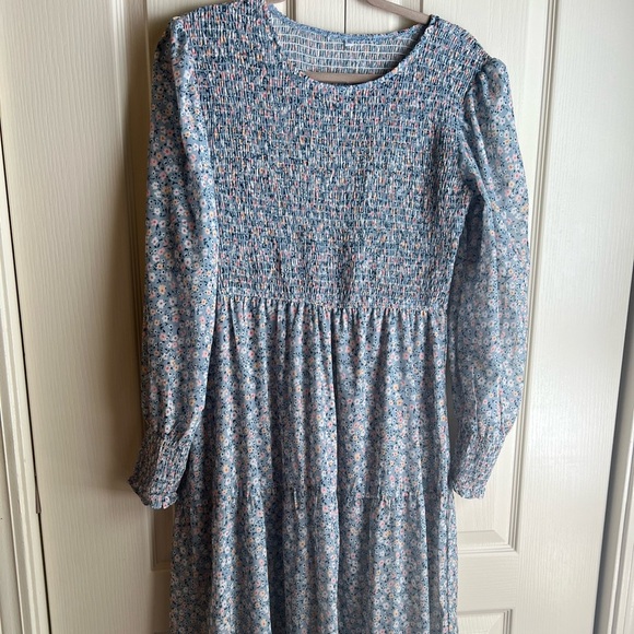 Midi Smocked Blue Floral Dress - Picture 2 of 4